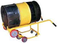 A drum hand truck is designed to easily slide under the bottom of the barrel, and then rotate back gently over its axle in order to allow the drum to be carried in an almost horizontal position. 