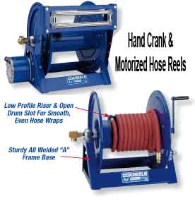 All water hose reels, air hose reels, and electric reels ship standard mount to floor or ceiling with an option to side mount.  They are made from solid steel and feature a proprietary CPC powder coat finish and can be used either indoors or outdoors regardless of weather conditions.