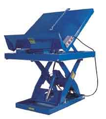 Hydraulic Electric Lift & Tilt Tables Dealer Discount Sales. Electric Hydraulic Lift & Tilt Tables performs both lifting and tilting operations. 45� tilt standard. Restraining chain and 12" high lip keep load in place during tilting.