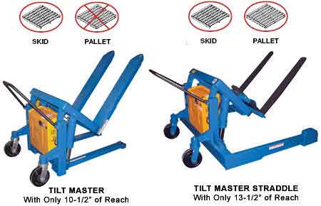 The manual tilt master works much like a pallet jack. It is ideal for lifting and tilting crates, boxes, and pallets with an open bottom. 